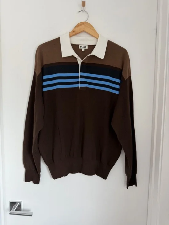 Staud Large Sail Top Earth Multi Stripe Cotton Knit Rugby Polo - Picture 5 of 9